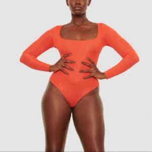 SKIMS Jelly Sheer Long Sleeve Thong Bodysuit in Poppy, NWT